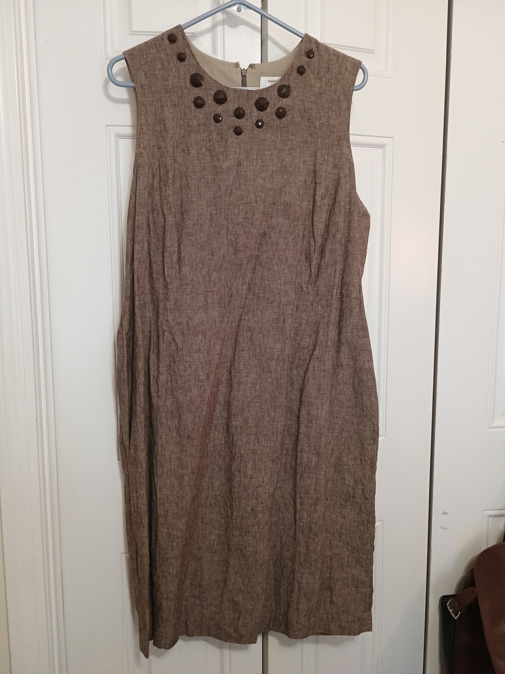 Isaac Mizrahi Brown Sleeveless Shift Dress with Beaded Neckline